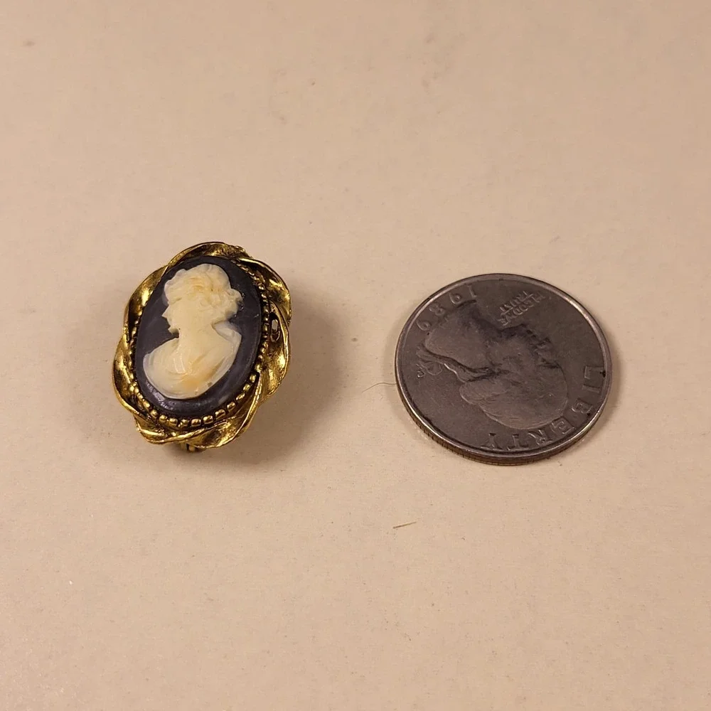 Vintage Cameo Brooch Small Gold Tone Grey Cream Victorian Revival Pin